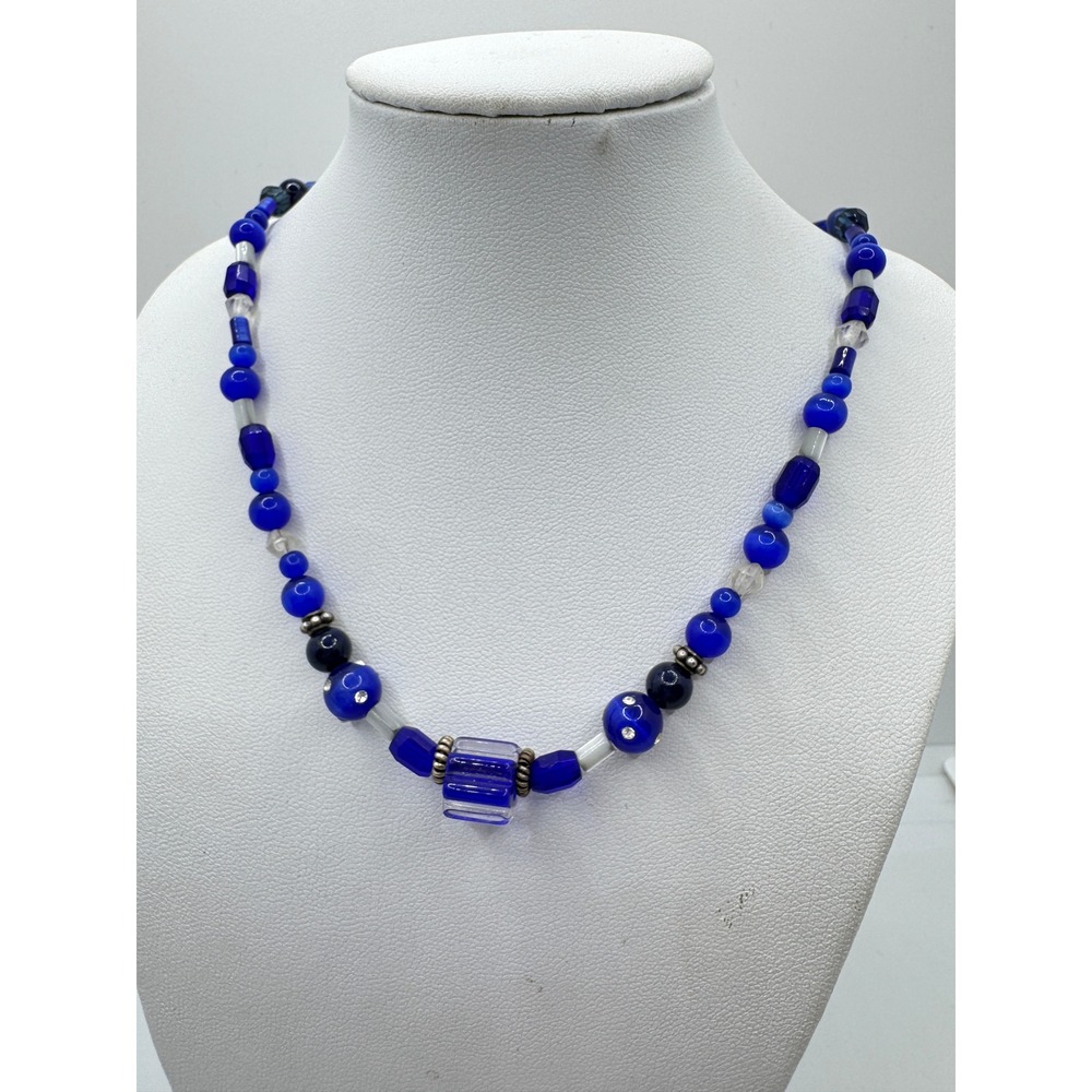 Vintage Blue Beaded Necklace Cobalt Glass Mixed Media Boho Eclectic